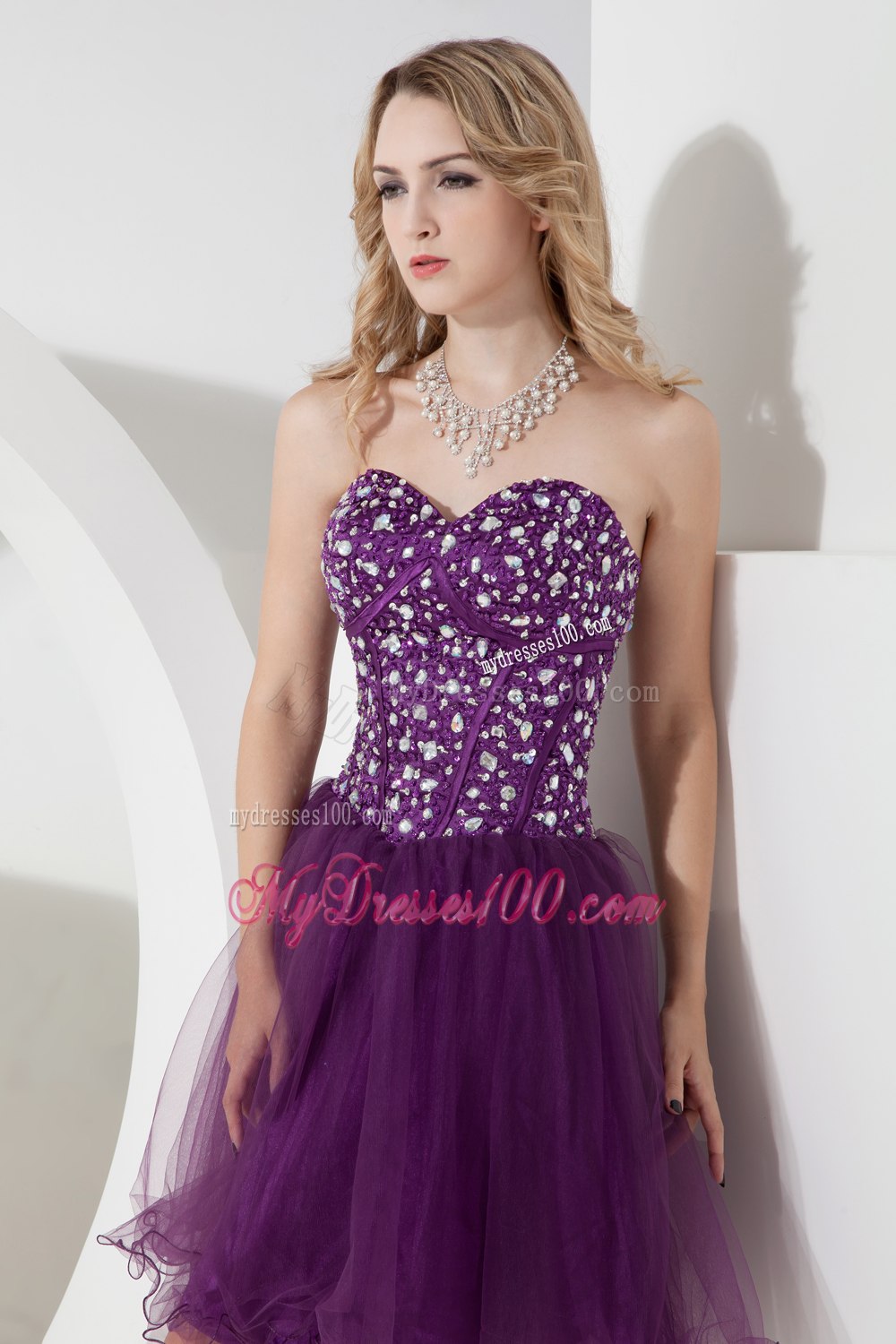 Purple Sweetheart Beading Short Cocktail Dress Knee-length