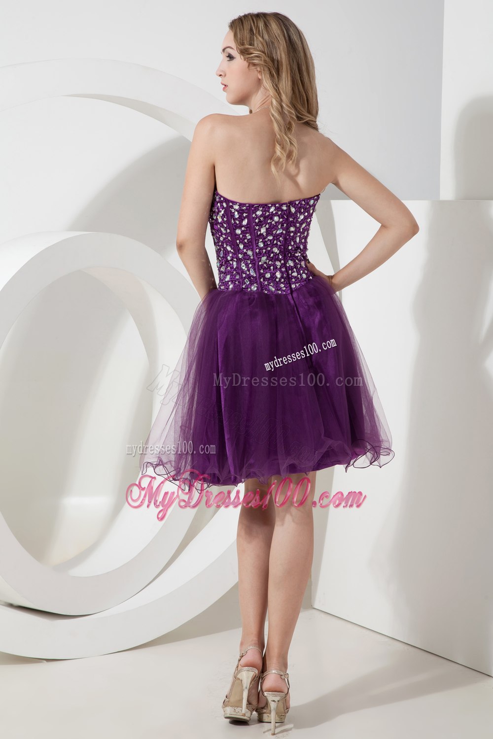 Purple Sweetheart Beading Short Cocktail Dress Knee-length