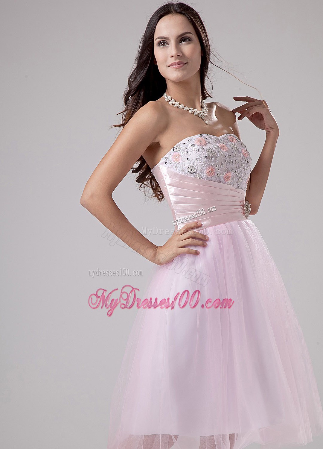 Lace and Beading Strapless Lace and Beading Cocktail Dress with Pink