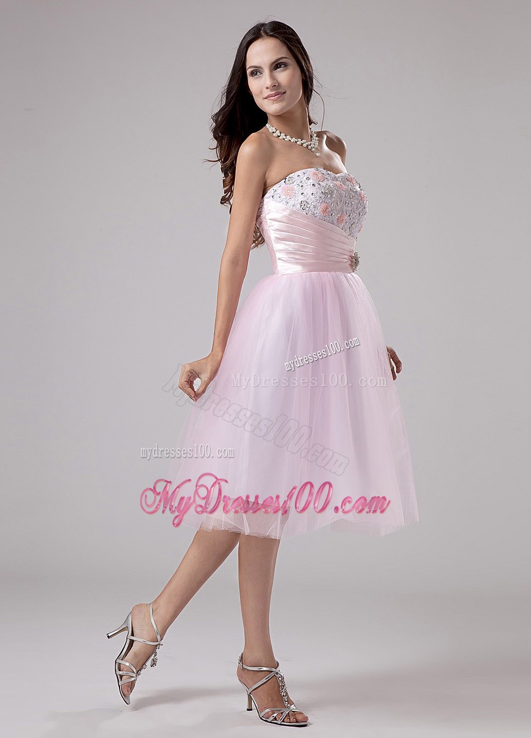 Lace and Beading Strapless Lace and Beading Cocktail Dress with Pink