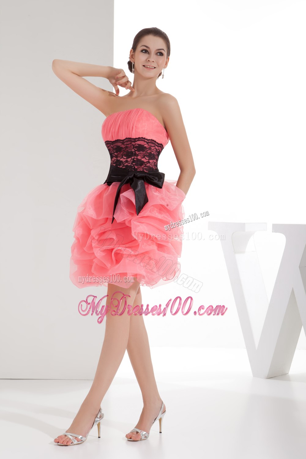 Lace and Pick Up Column Strapless Short Watermelon Cocktail Dress