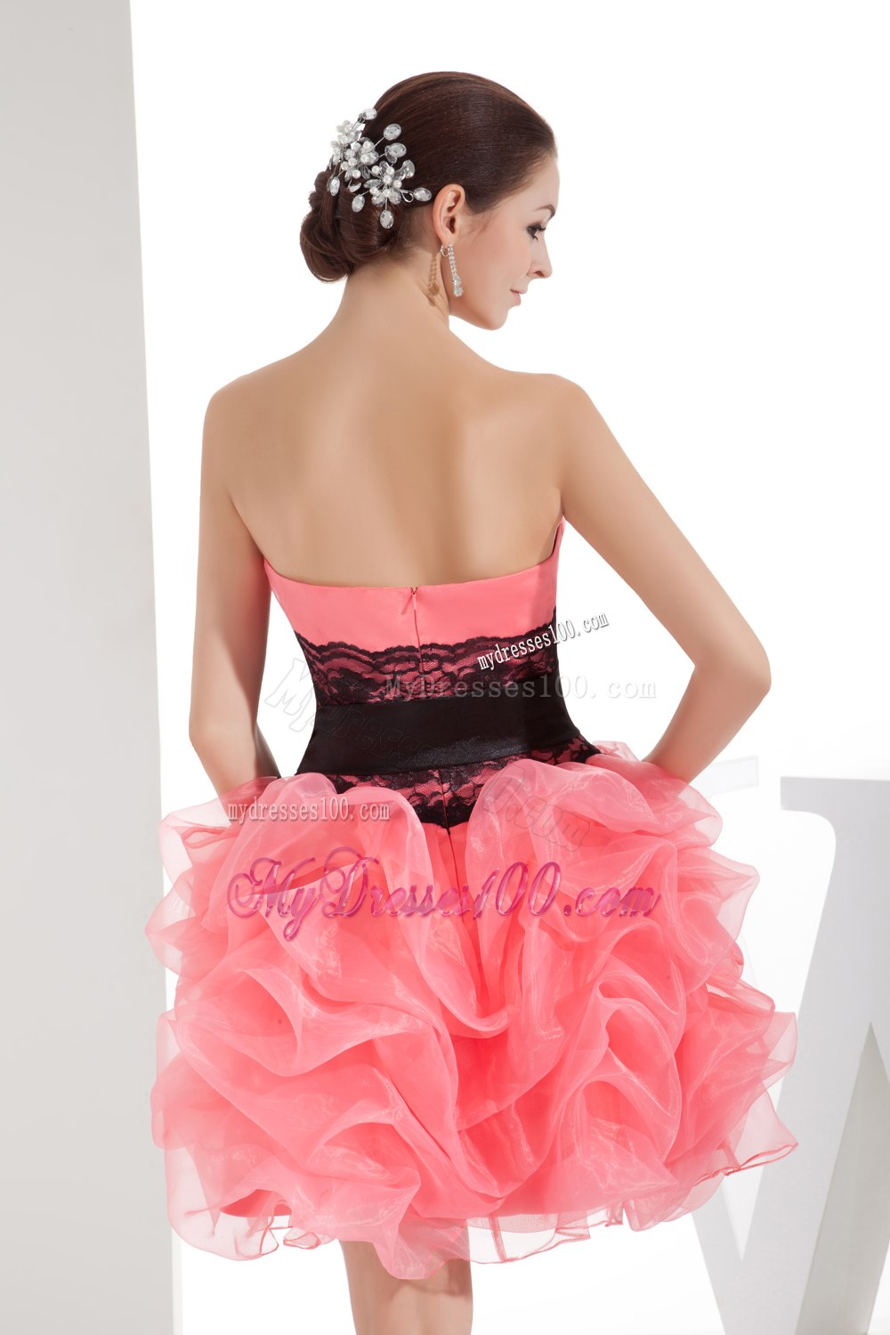Lace and Pick Up Column Strapless Short Watermelon Cocktail Dress