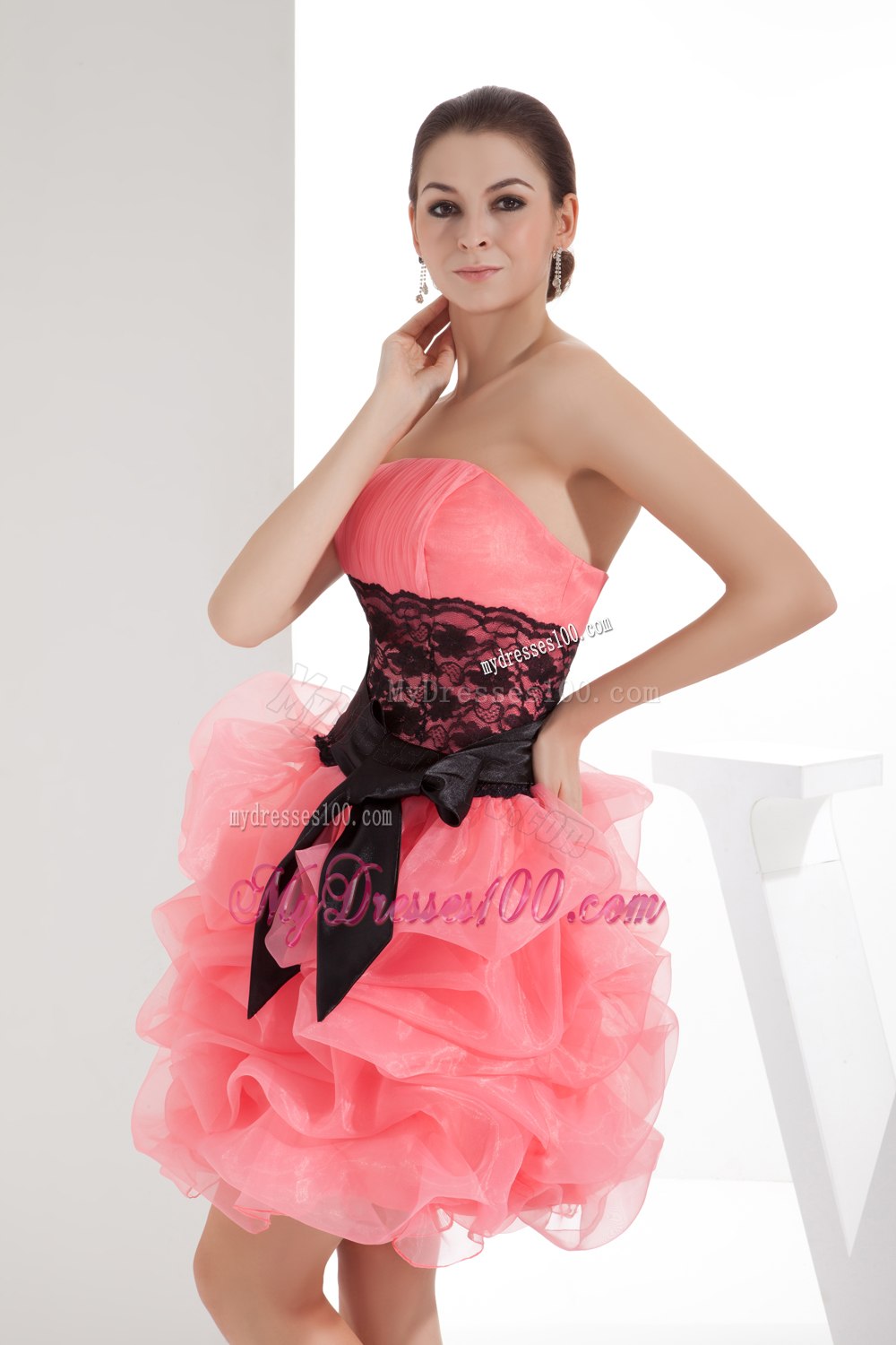 Lace and Pick Up Column Strapless Short Watermelon Cocktail Dress