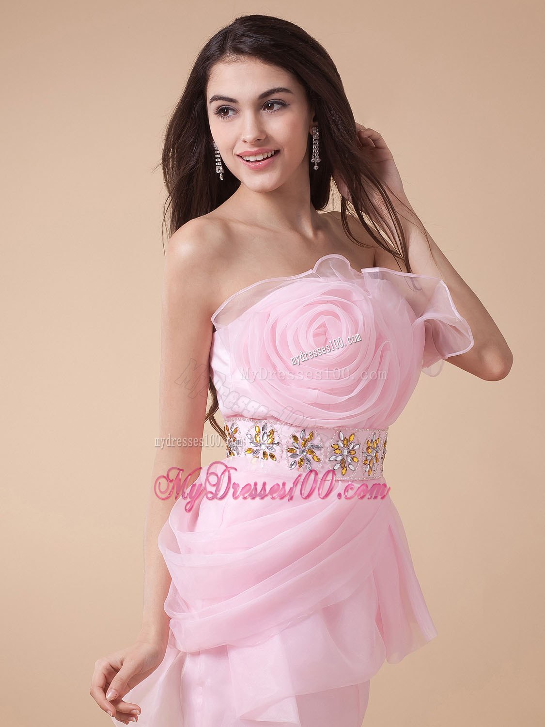 Cocktail Dress With Baby Pink Hand Made Flowers and Beading