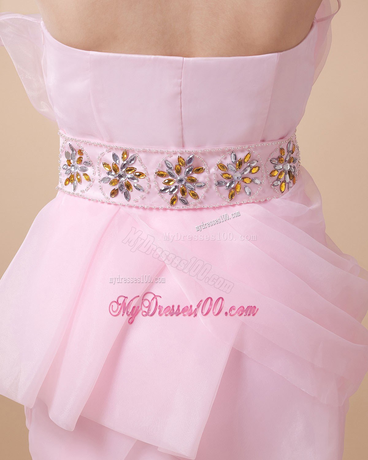 Cocktail Dress With Baby Pink Hand Made Flowers and Beading