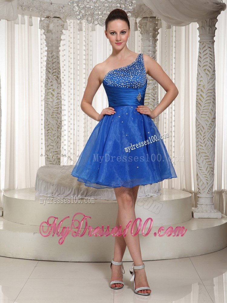 Royal Blue One Shoulder Beaded Bodice Cocktail Dress For Party