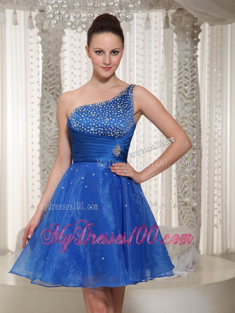 Royal Blue One Shoulder Beaded Bodice Cocktail Dress For Party