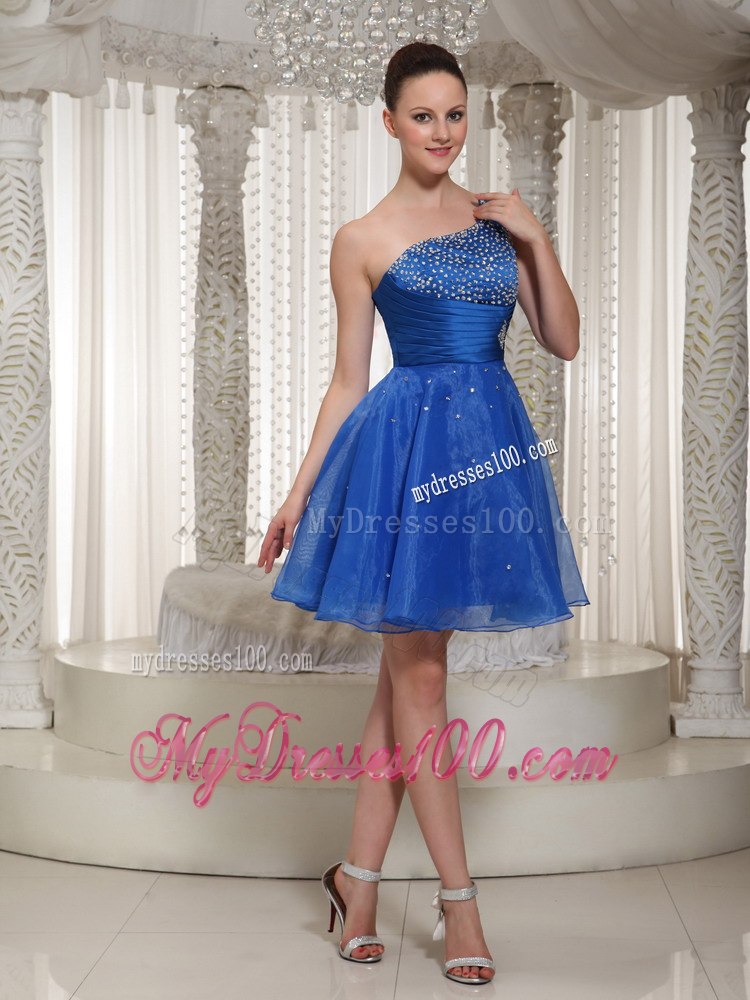 Royal Blue One Shoulder Beaded Bodice Cocktail Dress For Party