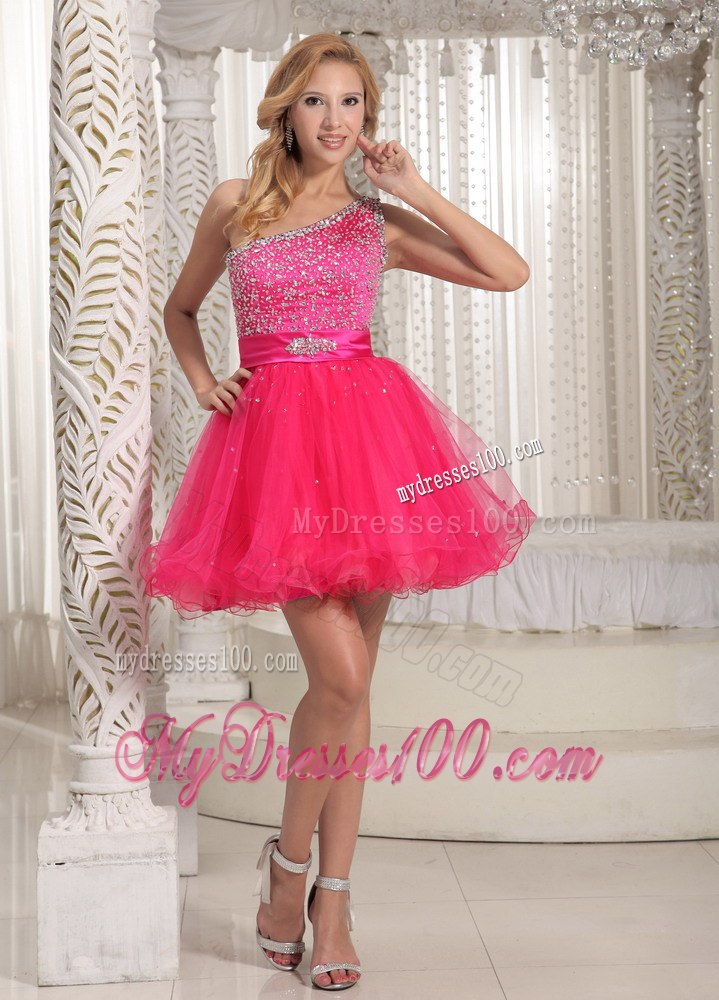 One Shoulder Beaded Decorate Bust Sweet Hot Pink Cocktail Dress