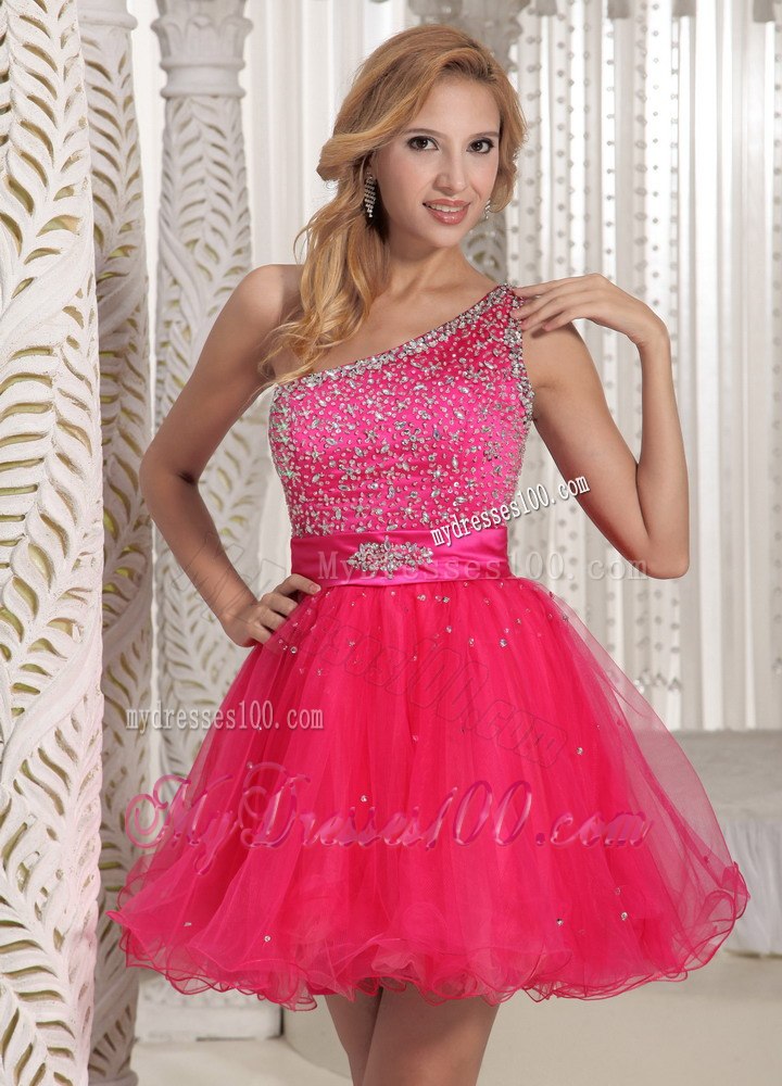 One Shoulder Beaded Decorate Bust Sweet Hot Pink Cocktail Dress