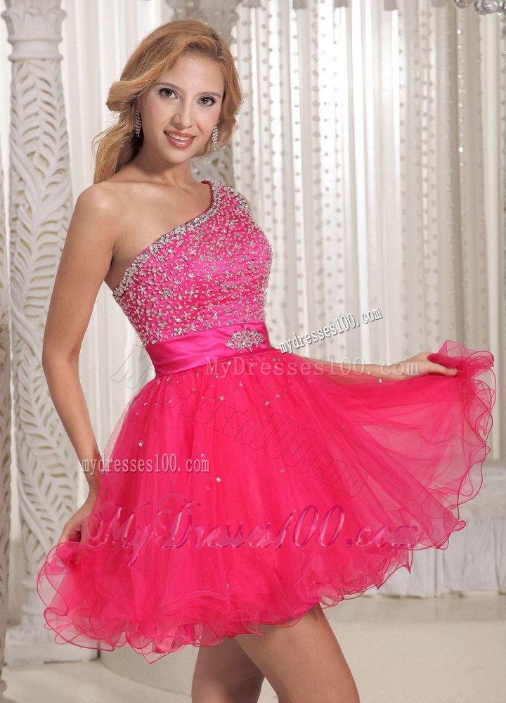 One Shoulder Beaded Decorate Bust Sweet Hot Pink Cocktail Dress