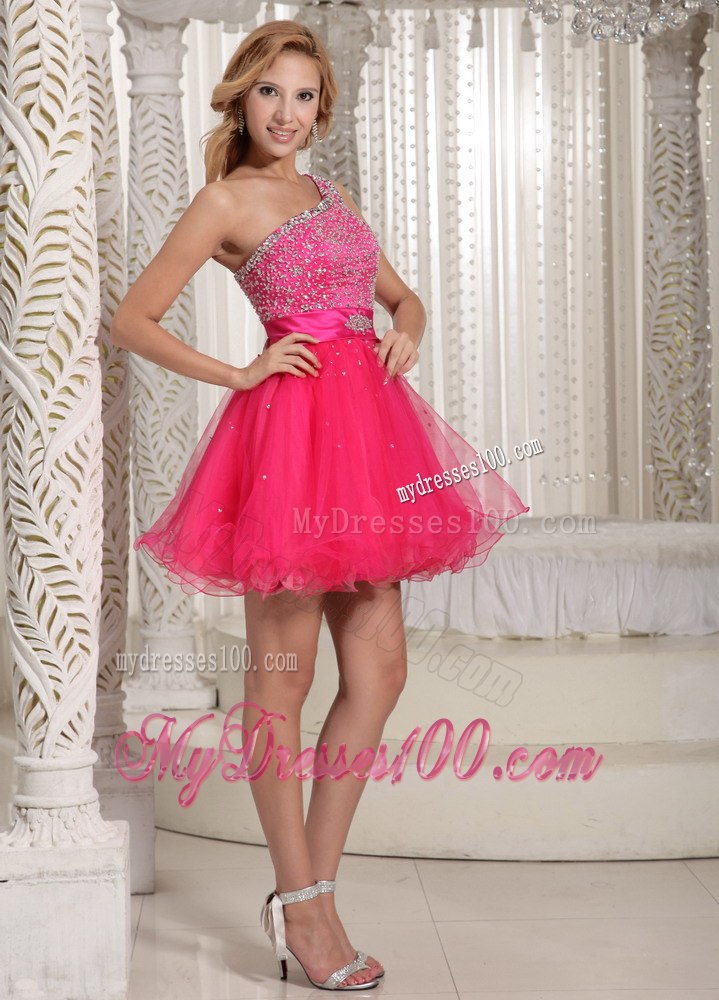 One Shoulder Beaded Decorate Bust Sweet Hot Pink Cocktail Dress