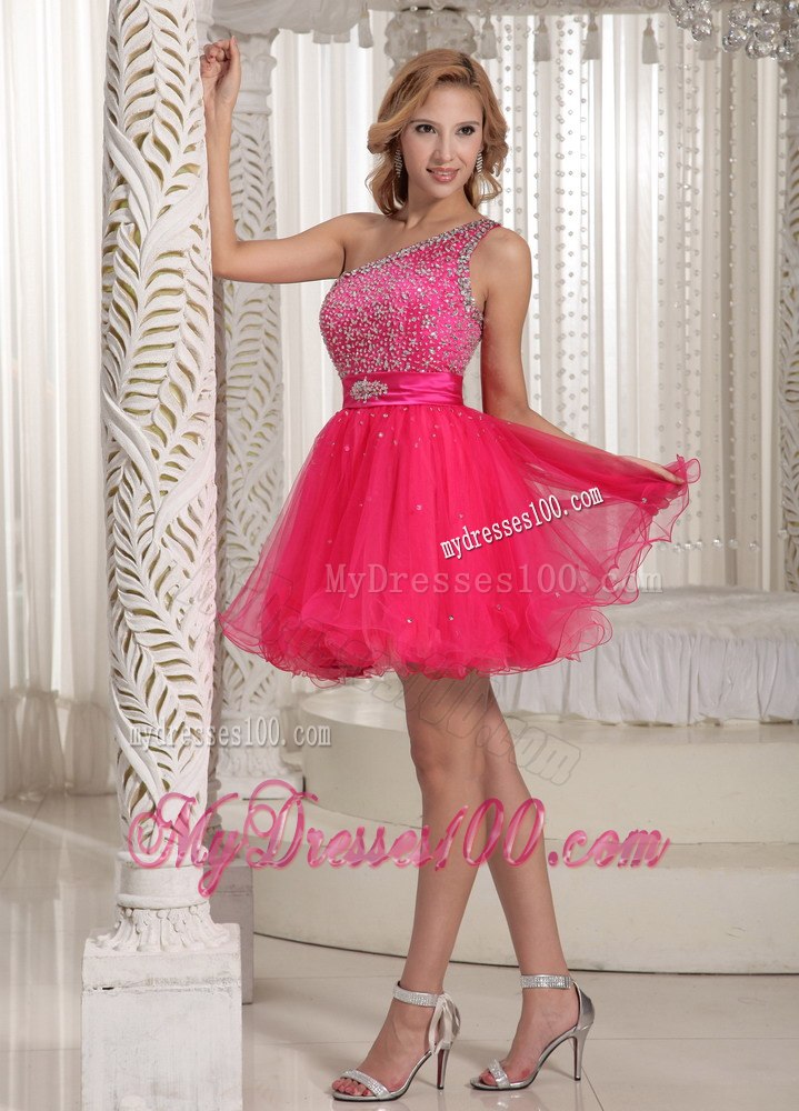One Shoulder Beaded Decorate Bust Sweet Hot Pink Cocktail Dress