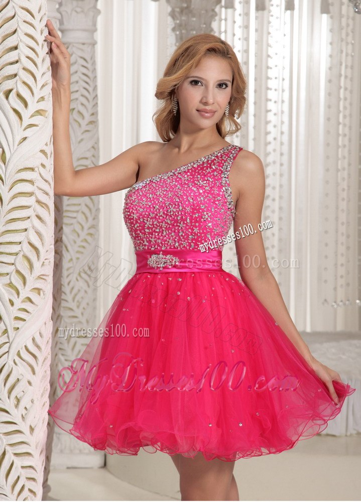 One Shoulder Beaded Decorate Bust Sweet Hot Pink Cocktail Dress