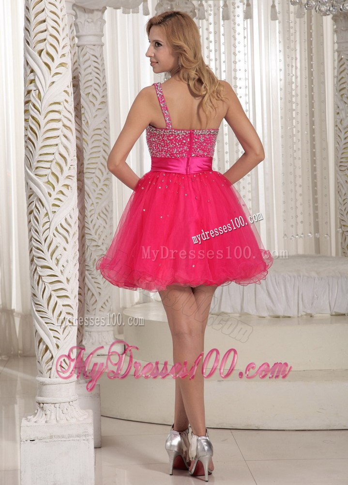 One Shoulder Beaded Decorate Bust Sweet Hot Pink Cocktail Dress