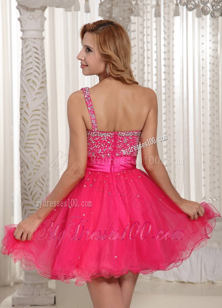 One Shoulder Beaded Decorate Bust Sweet Hot Pink Cocktail Dress
