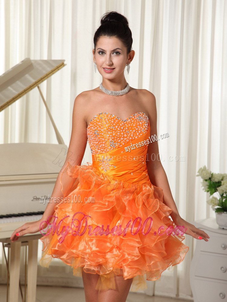 Mini-length Sweetheart Orange Cocktail Dress With Bust Beading and Ruffles