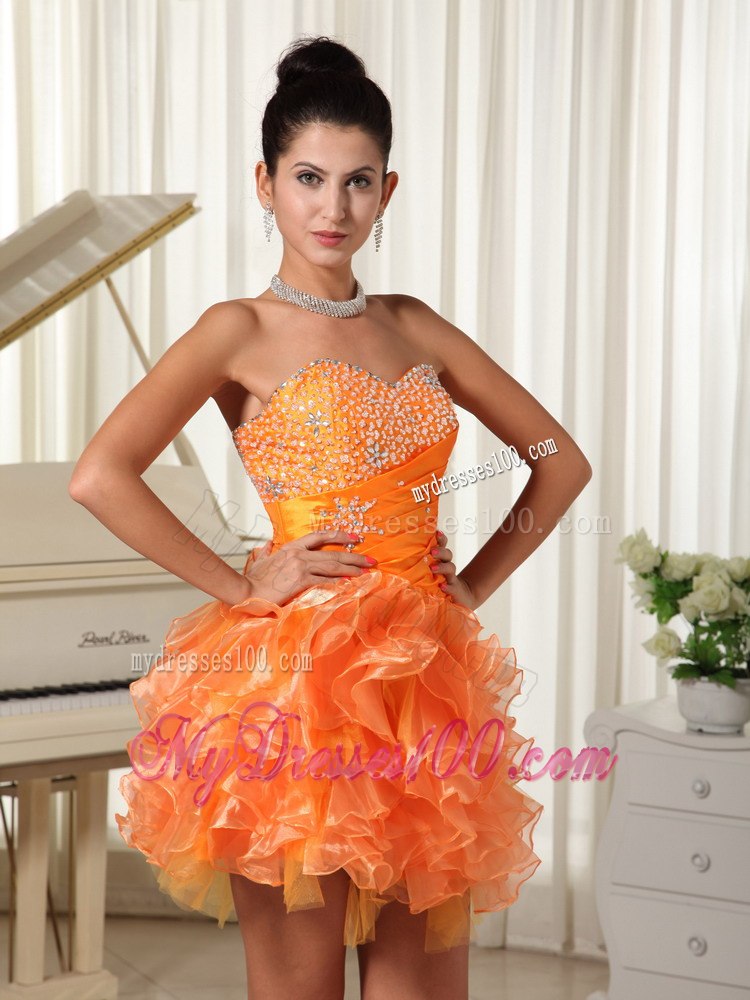 Mini-length Sweetheart Orange Cocktail Dress With Bust Beading and Ruffles