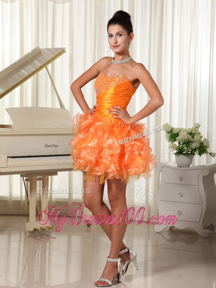 Mini-length Sweetheart Orange Cocktail Dress With Bust Beading and Ruffles