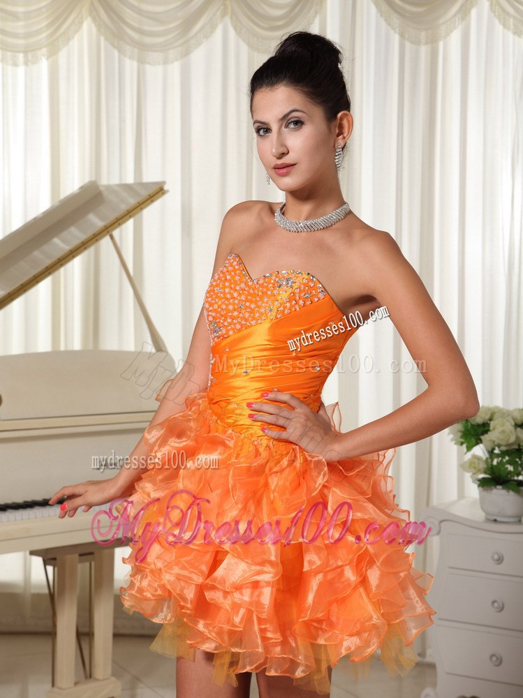 Mini-length Sweetheart Orange Cocktail Dress With Bust Beading and Ruffles