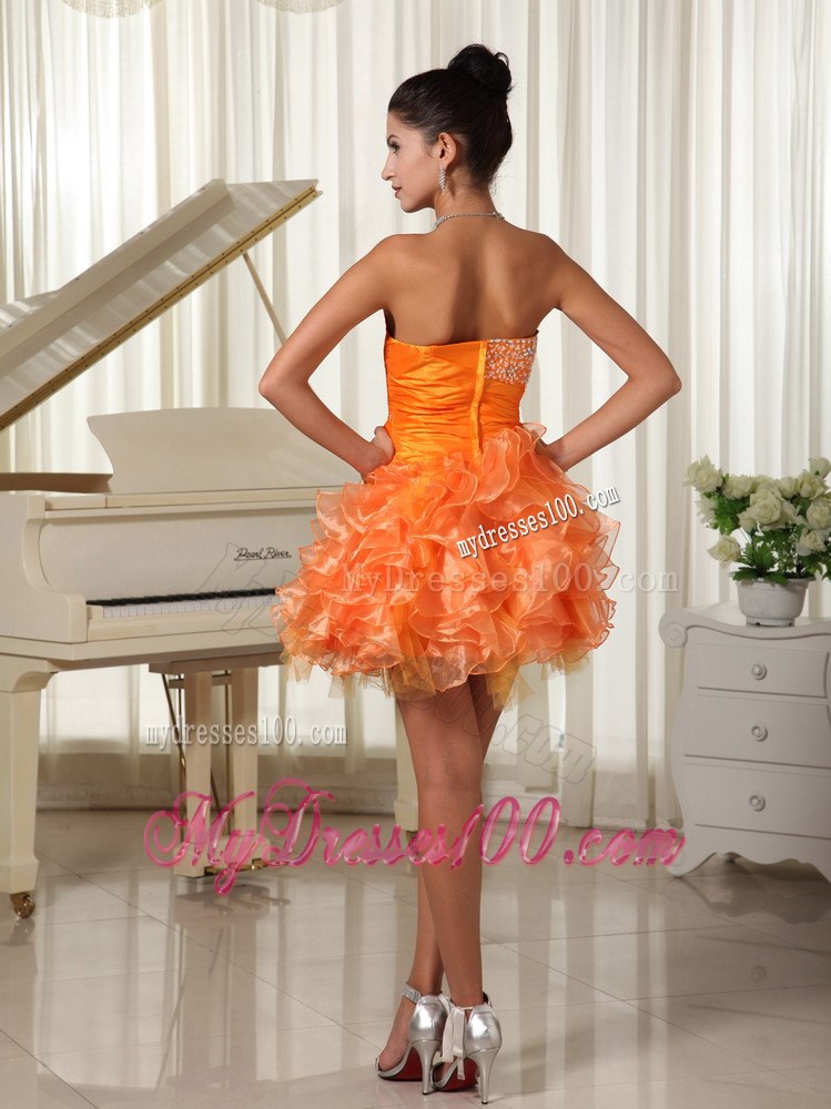 Mini-length Sweetheart Orange Cocktail Dress With Bust Beading and Ruffles