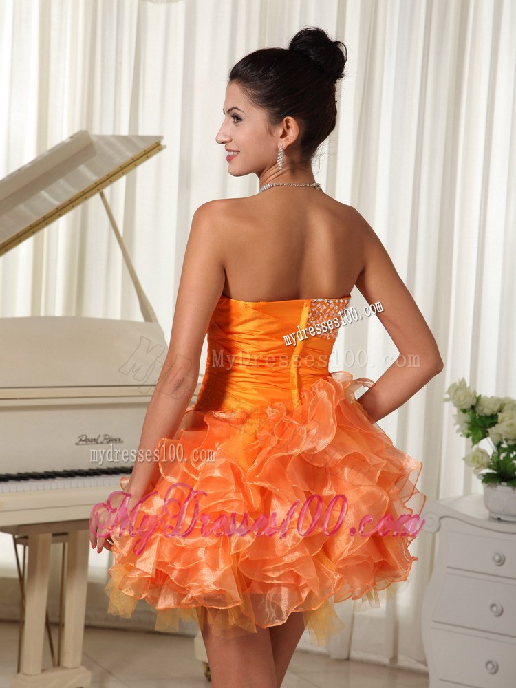 Mini-length Sweetheart Orange Cocktail Dress With Bust Beading and Ruffles