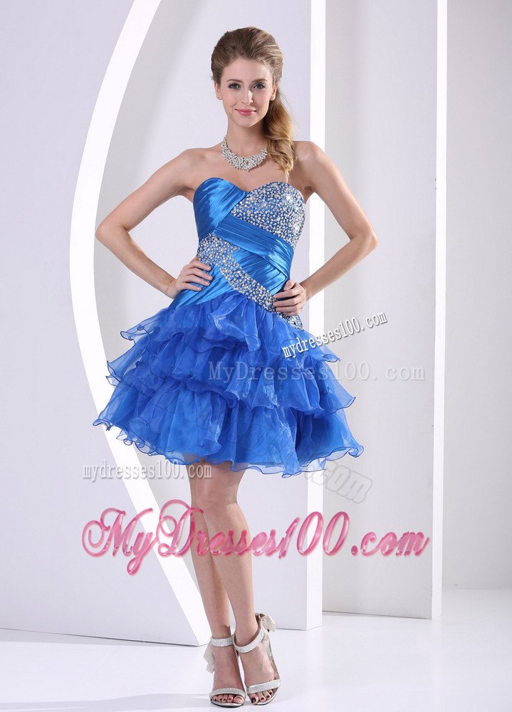 Peacock Blue Ruched Layered Sweetheart Cocktail Dress With Beading