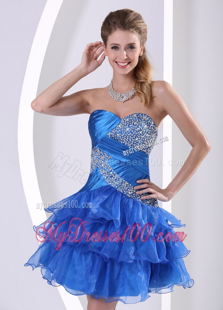 Peacock Blue Ruched Layered Sweetheart Cocktail Dress With Beading