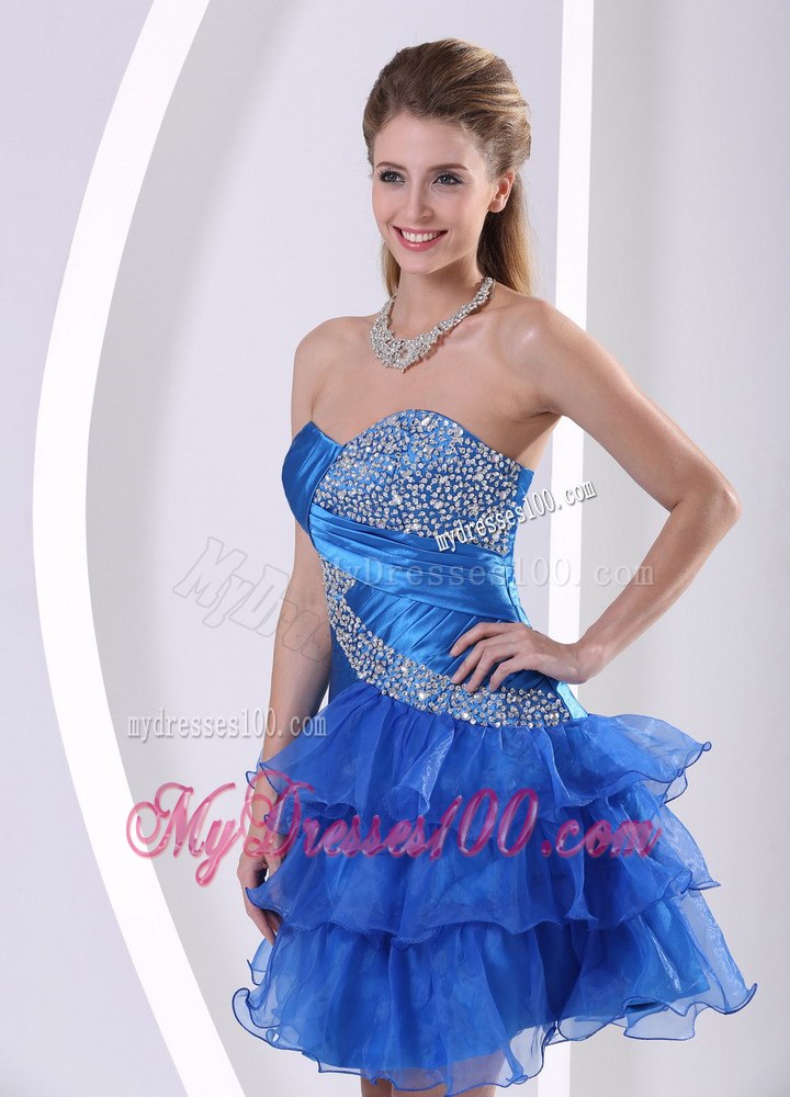 Peacock Blue Ruched Layered Sweetheart Cocktail Dress With Beading