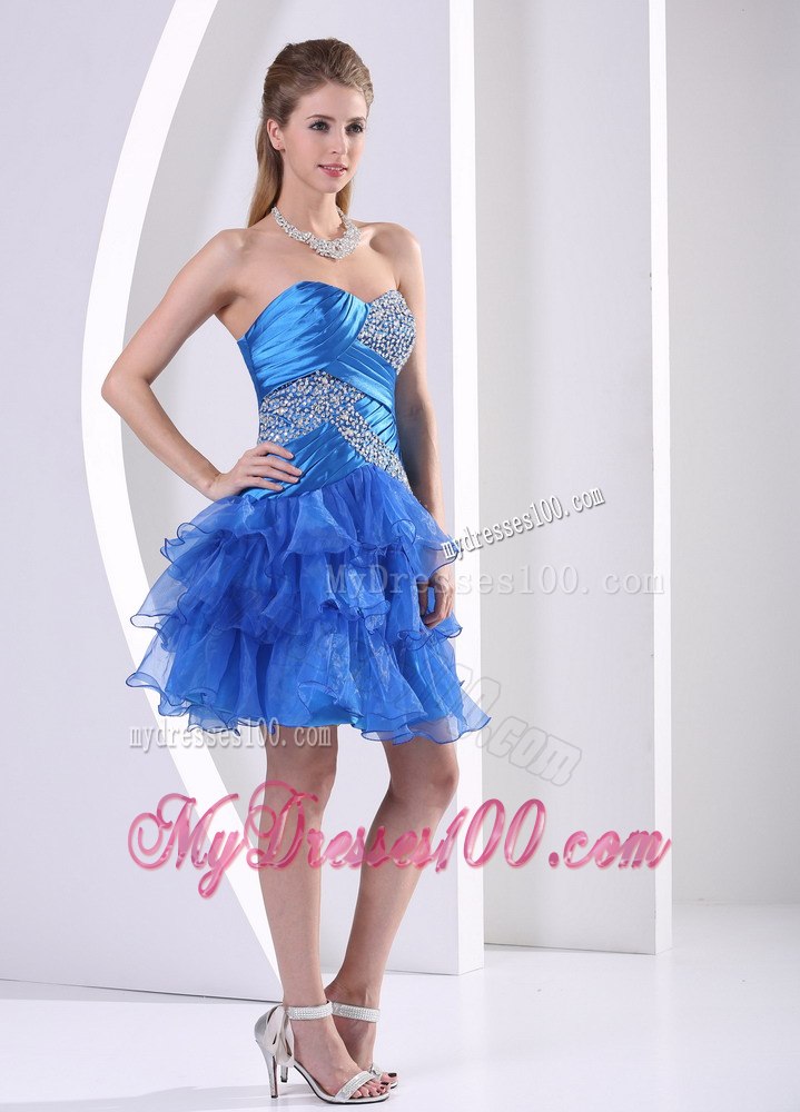 Peacock Blue Ruched Layered Sweetheart Cocktail Dress With Beading