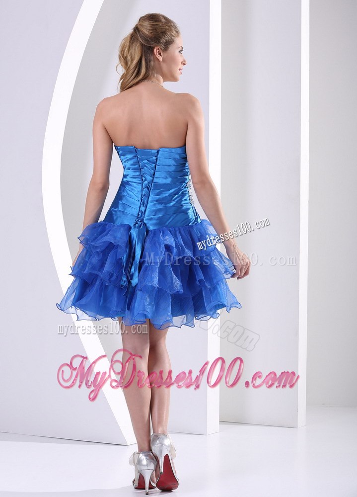 Peacock Blue Ruched Layered Sweetheart Cocktail Dress With Beading