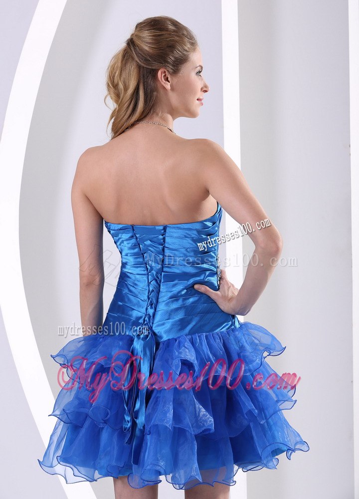 Peacock Blue Ruched Layered Sweetheart Cocktail Dress With Beading