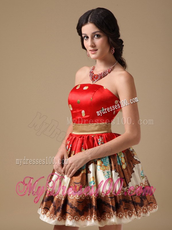 Fashion Multi-color Strapless Printing Cocktail Dress for 2013 Summer