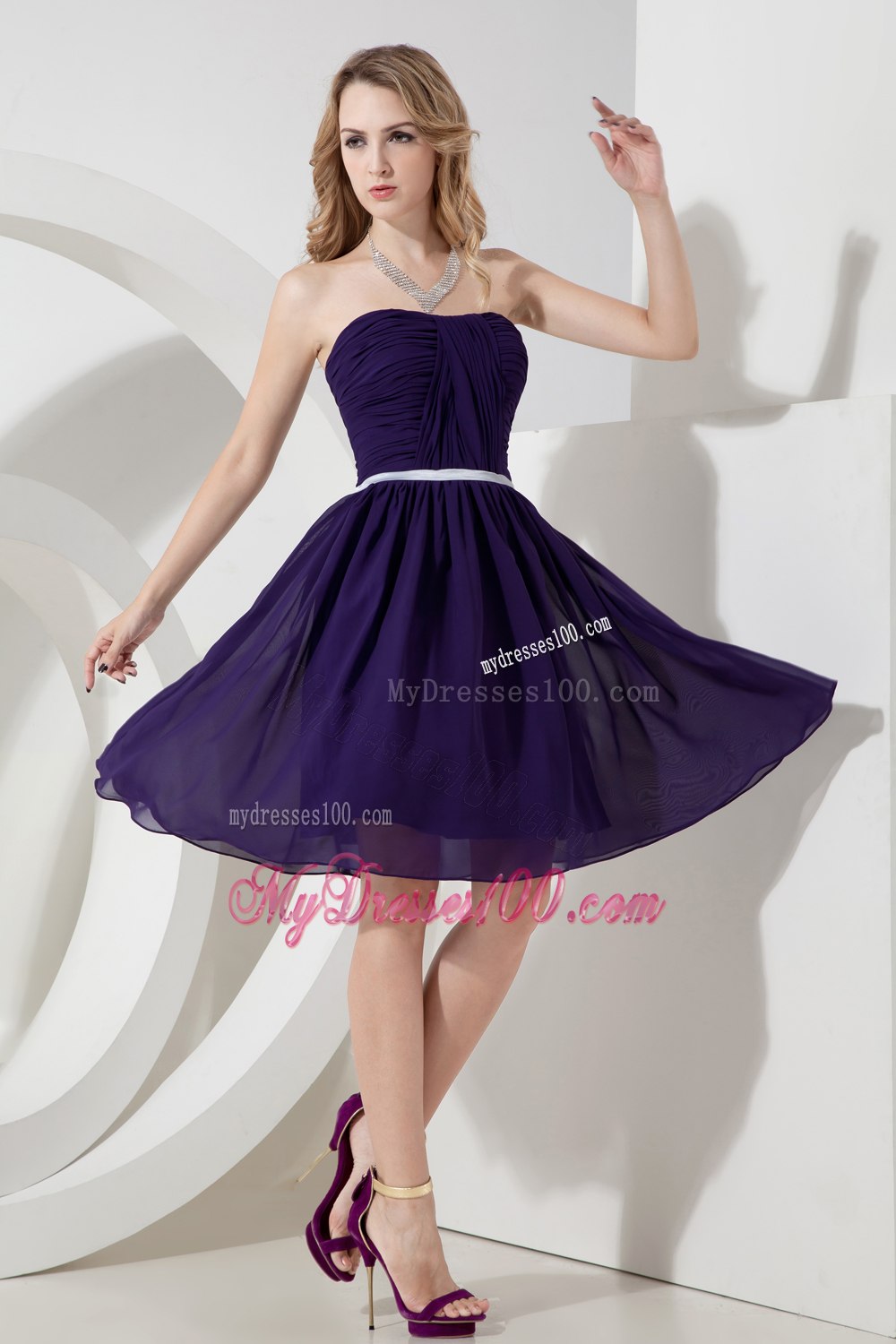 Purple Strapless Ruche Cocktail Dress with Ruching