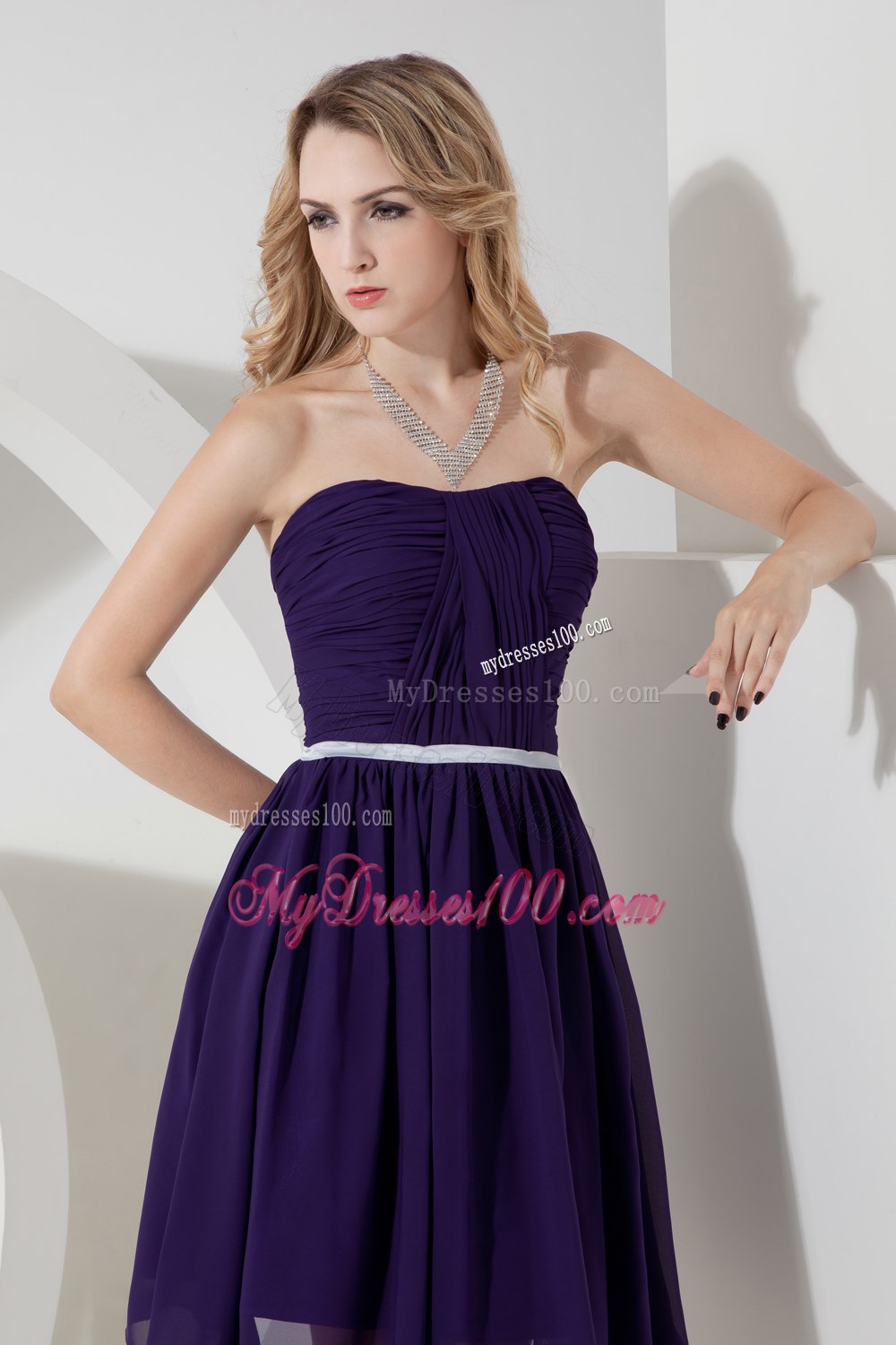 Purple Strapless Ruche Cocktail Dress with Ruching