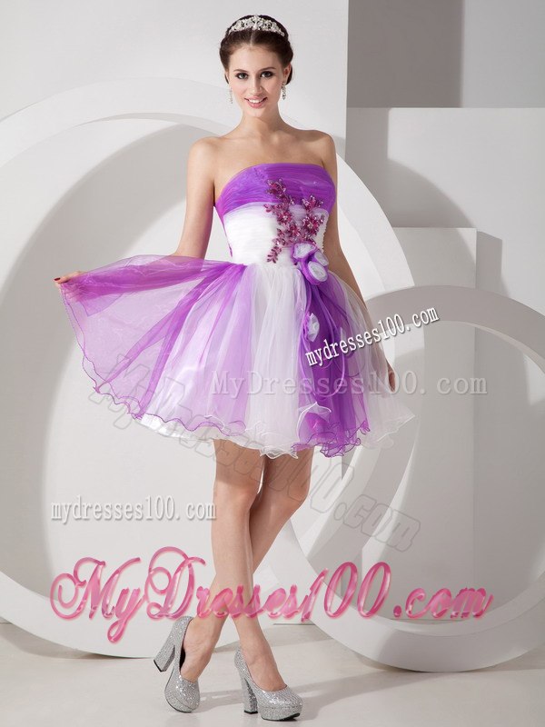 Purple and White Cocktail Dress Strapless Hand Made Flowers