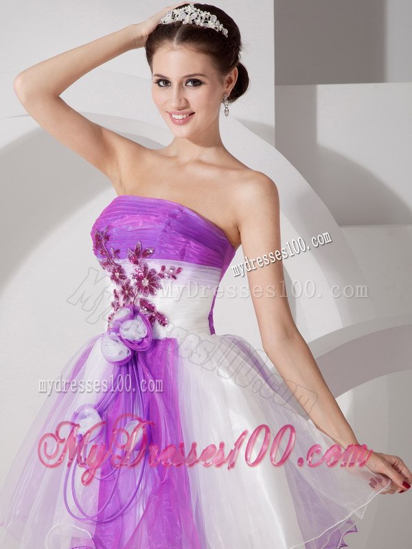 Purple and White Cocktail Dress Strapless Hand Made Flowers