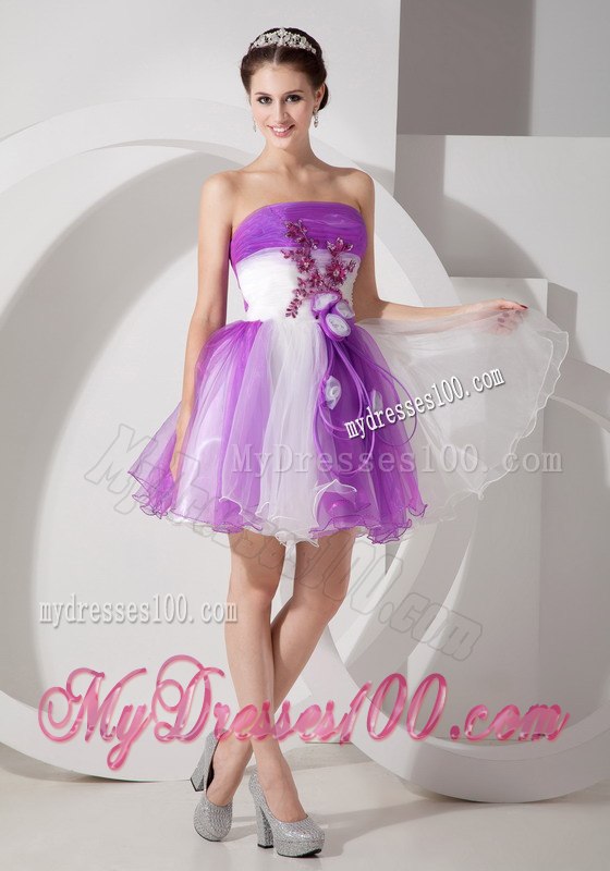 Purple and White Cocktail Dress Strapless Hand Made Flowers