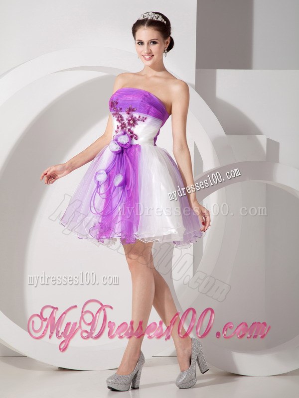 Purple and White Cocktail Dress Strapless Hand Made Flowers