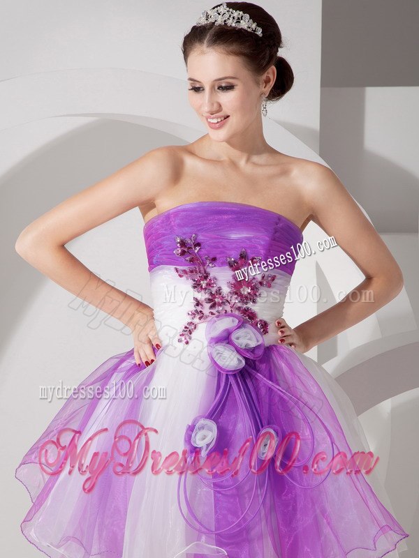 Purple and White Cocktail Dress Strapless Hand Made Flowers