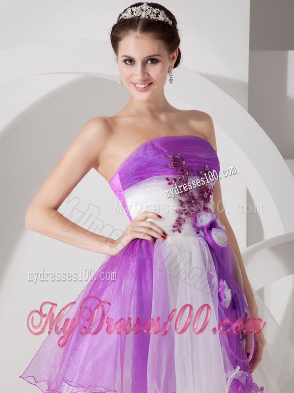 Purple and White Cocktail Dress Strapless Hand Made Flowers