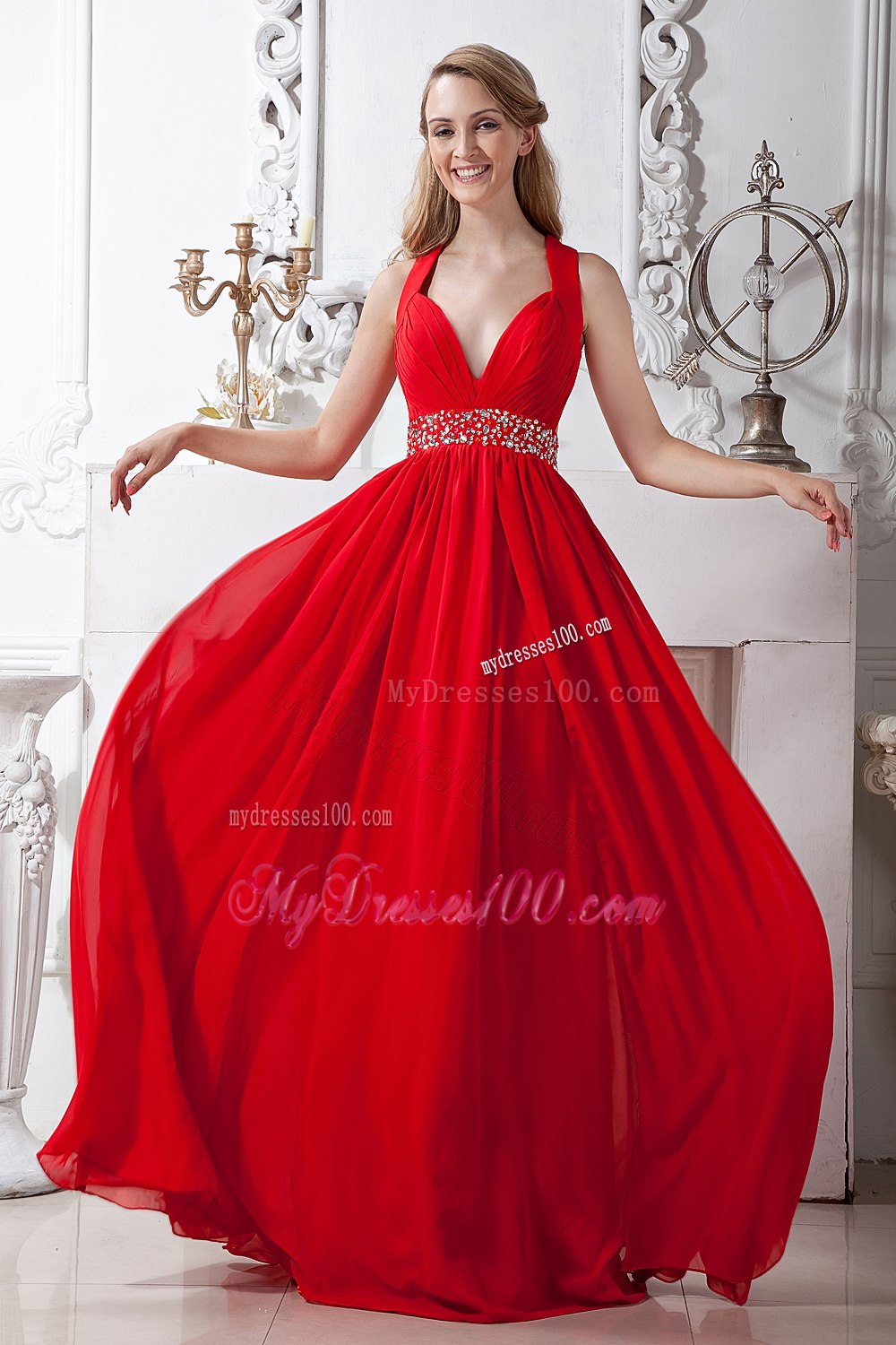 Red V-neck Red Chiffon Cocktail Dress with Beading in Spring