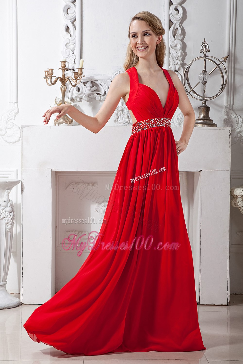 Red V-neck Red Chiffon Cocktail Dress with Beading in Spring