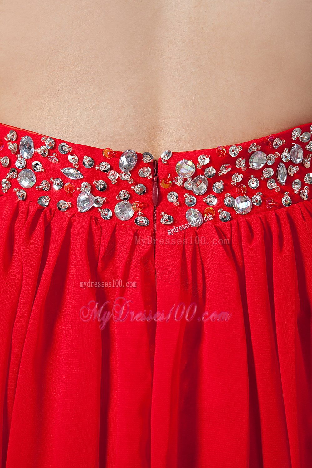 Red V-neck Red Chiffon Cocktail Dress with Beading in Spring