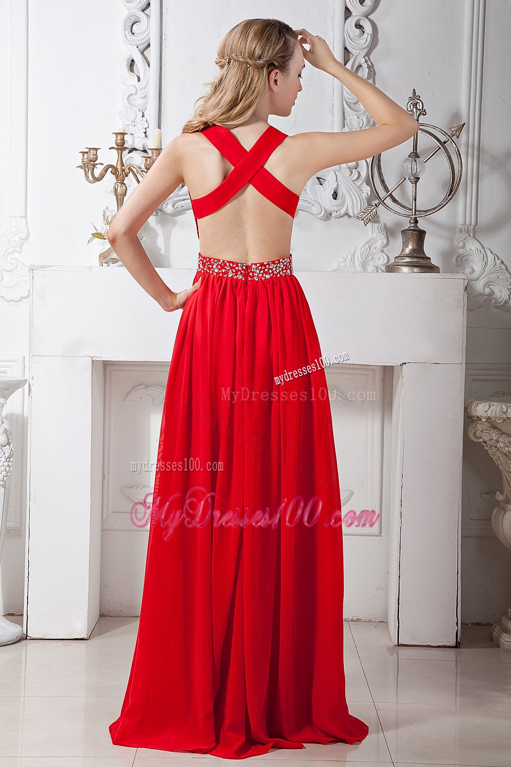 Red V-neck Red Chiffon Cocktail Dress with Beading in Spring