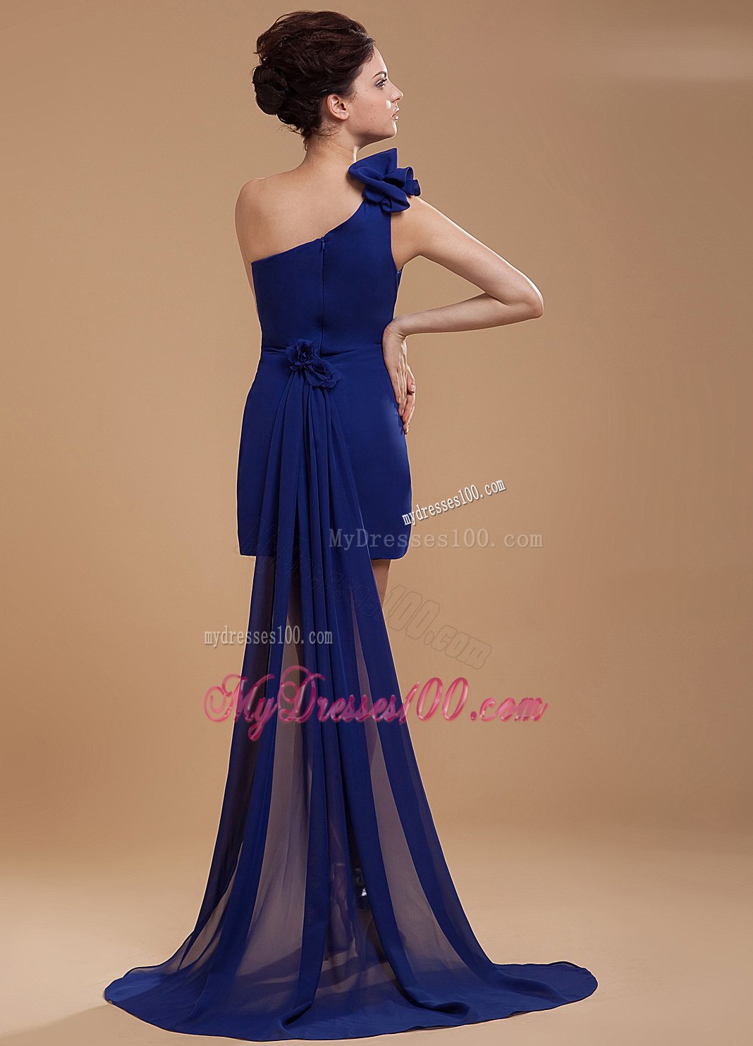 Royal Blue One Shoulder Prom / Cocktail Dress With Hand Made Flower Watteau Train