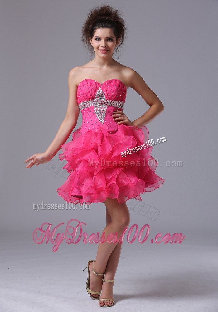 Sweetheart Mini-length Beading Hot Pink Ruffles Cocktail Dress
