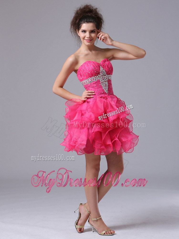 Sweetheart Mini-length Beading Hot Pink Ruffles Cocktail Dress