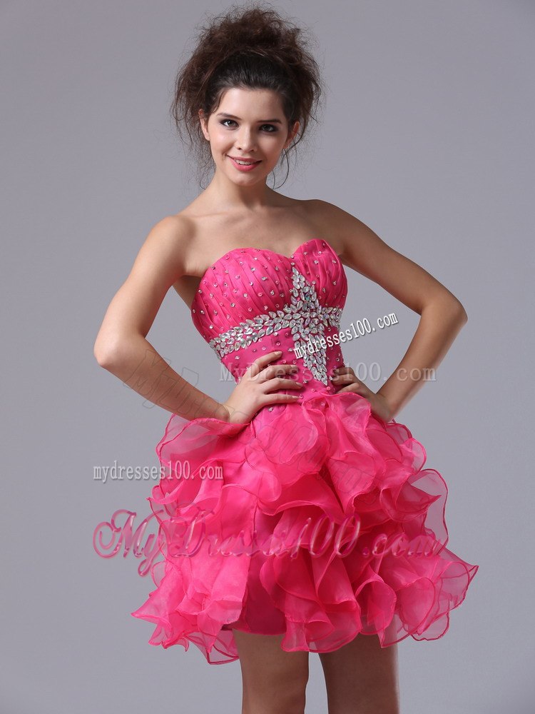 Sweetheart Mini-length Beading Hot Pink Ruffles Cocktail Dress