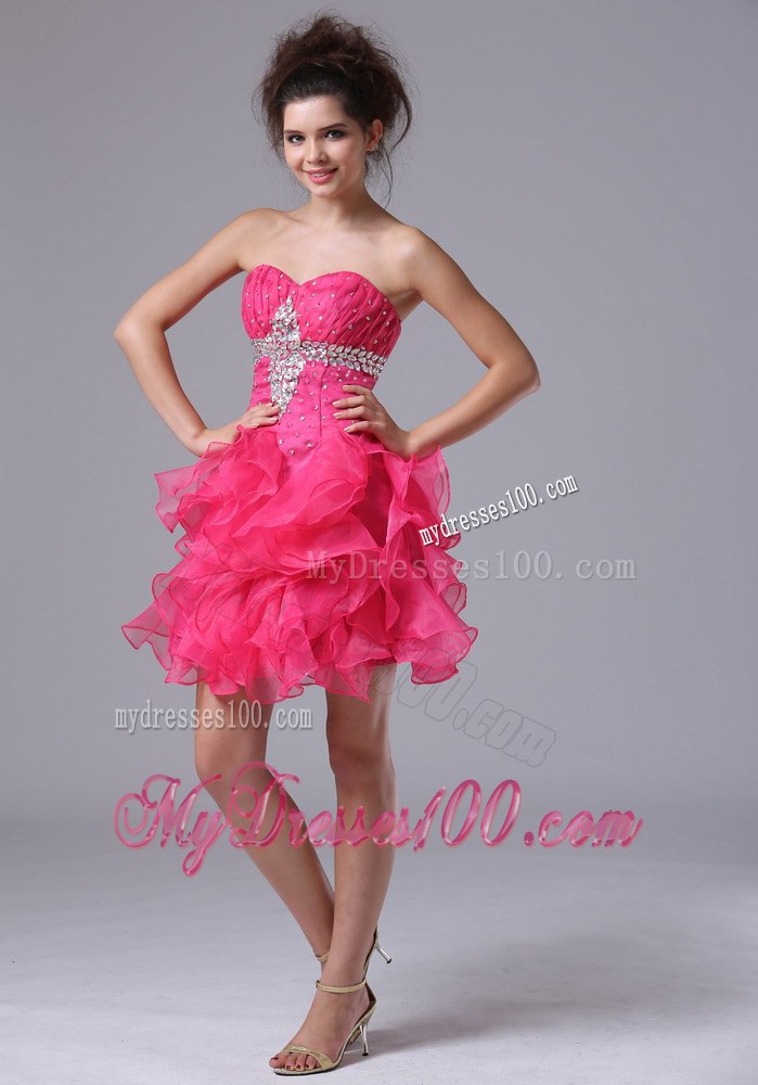 Sweetheart Mini-length Beading Hot Pink Ruffles Cocktail Dress